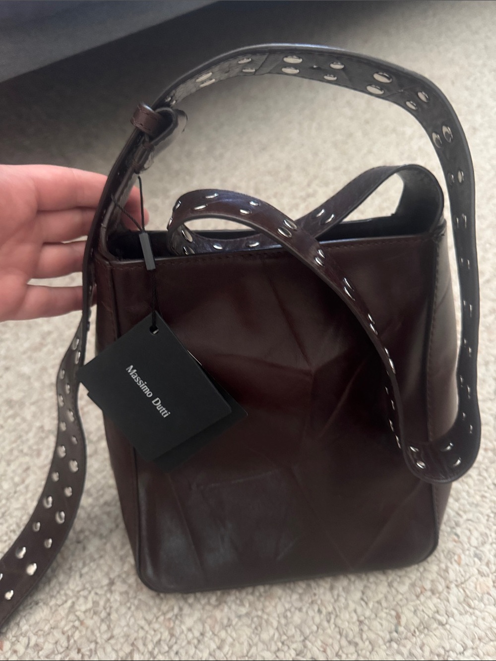 Massimo Dutti Dark Brown Leather Crossbody Bag with Perforated Strap